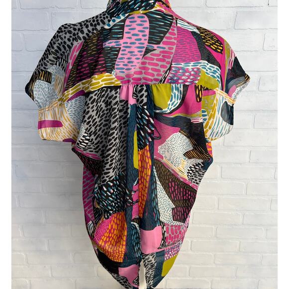 Turquoise Haven Bold Pattern Colorful Semi Shear Short Sleeve Tunic Top -sz S - Picture 2 of 5